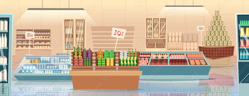 Supermarket cartoon. Products grocery store food market interior vector background. Illustration supermarket shelf, market shop retail interior Stock Vector | Adobe Stock Supermarket cartoon. Products grocery store food market interior vector background. Illustration supermarket shelf, market shop retail interior Stock Vector | Adobe Stock
