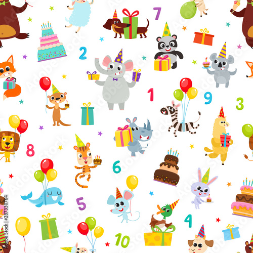 Birthday party cartoon seamless pattern with animals isolated on white.