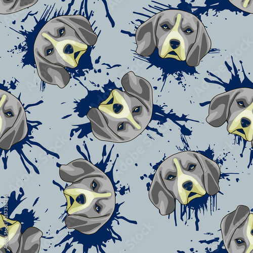 Decorative dog print with gray beagle muzzles and dark blue paint splashes on light blue backdrop.