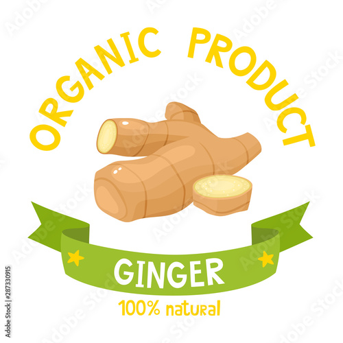 Organic badge of ginger with ribbon banners isolated on white