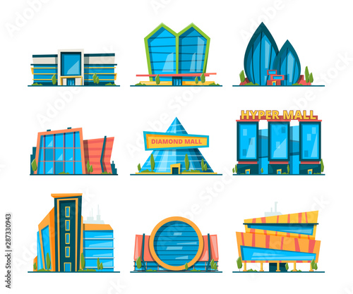 Mall flat. Big urban store buildings hypermarket shopping houses vector collection. Collection of hypermarket, mall and store architecture, building shop supermarket illustration