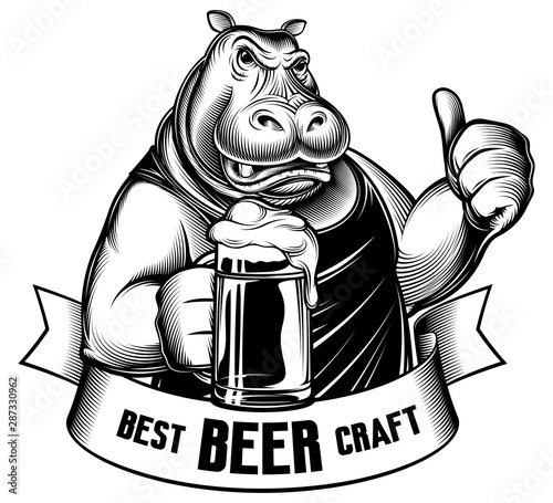 Vintage engraved hippo holds beer glass. Gesture like thumbs up. Emblem with serious aggressive animal character. Best Craft Beer on banner ribbon. Retro monochrome vector illustration for Oktoberfest