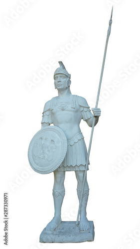 White statue of ancient roman legionary soldier isolated