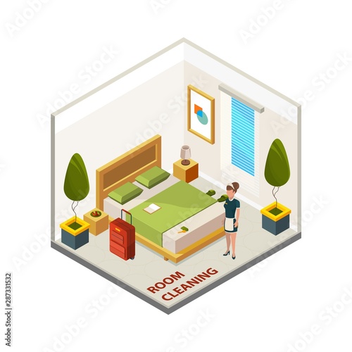 Hotel room cleaning. Isometric cleaning service, vector maid in hotel room. Hotel room isometry, cleaning service illustration