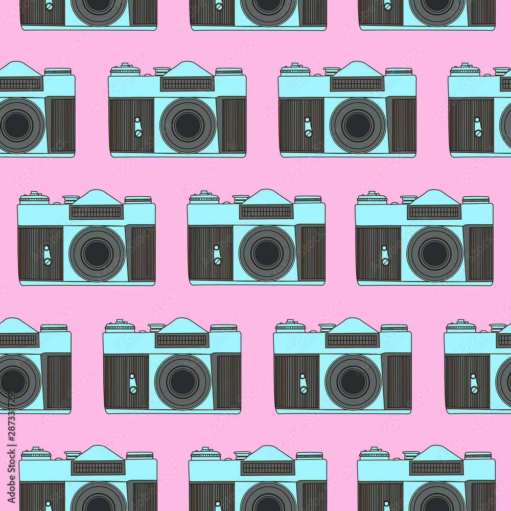Decorative print with camera on pink backdrop. Seamless pattern with lined up cameras. Decorative print with camera on pink backdrop. Seamless pattern with lined up cameras.