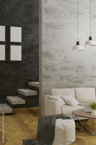 loft and modern living room  concrete wall and wooden floor  3d mock up background vertical