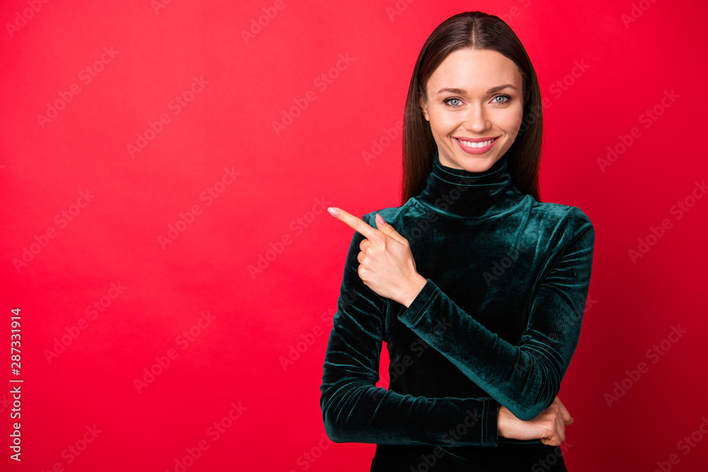 Portrait of nice charming lady have ads recommend promotion look isolated over red background Portrait of nice charming lady have ads recommend promotion look isolated over red background