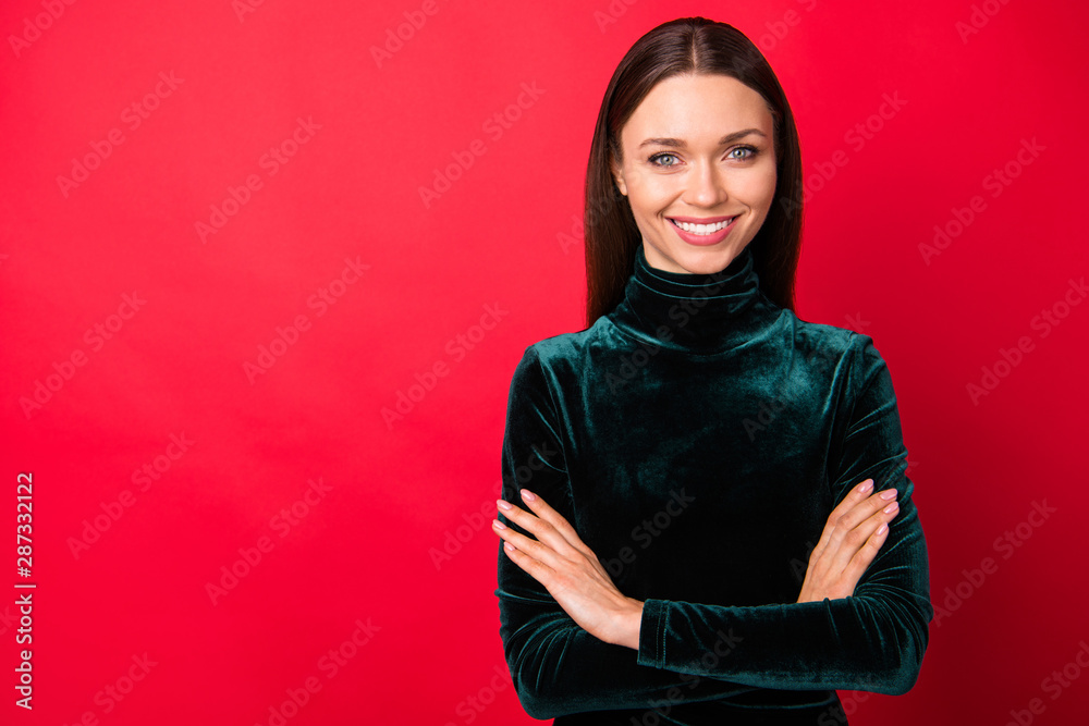 Portrait of pretty magnificent youth ready solve problems choice feel glad isolated over red background Portrait of pretty magnificent youth ready solve problems choice feel glad isolated over red background