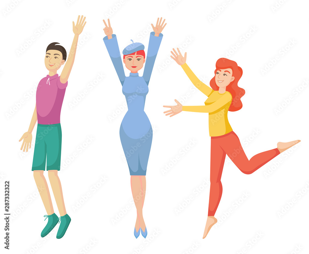 Fototapeta premium Girls and boys dance, pull their arms up, bounce. Jumping people dance laughing, smiling. Happy friends disco company party. Male, female together flying, dancing. Vector cartoon illustration