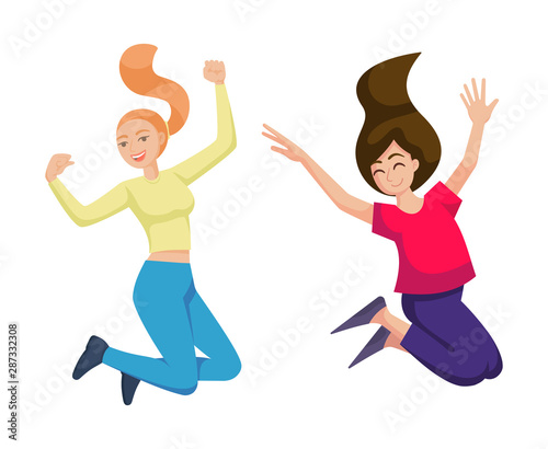 Two girls are jumping people dance. Couple young teen girls jumping laughing, smiling. Happy friends disco company party. Male, female together flying, dancing. Vector cartoon illustration
