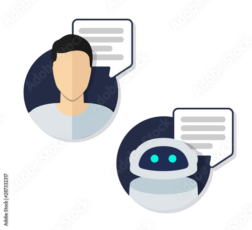 Chat bot chatting with man person flat icon. Vector