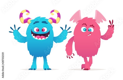 Cute monsters. Cartoon boy and girl monsters vector illustration. Halloween characters. Funny monster and smile, devil halloween character