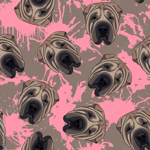 Decorative dog print with brown Shar-Pei muzzles and pink paint splashes on gray backdrop.