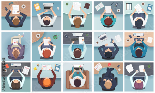 People top view. Business characters sitting at the table standing notes documents office supplies vector cartoon. Work office people, illustration sitting at table