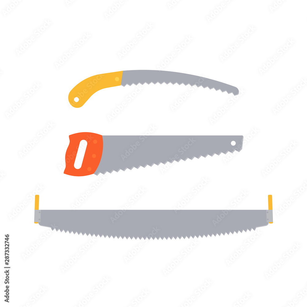 Saw icon. Vector. Hand saw isolated. Handsaw set on white background. Flat design. Carpenter tools for repair, construction, woodworking, sawing of wooden structures and products. Cartoon illustration Saw icon. Vector. Hand saw isolated. Handsaw set on white background. Flat design. Carpenter tools for repair, construction, woodworking, sawing of wooden structures and products. Cartoon illustration