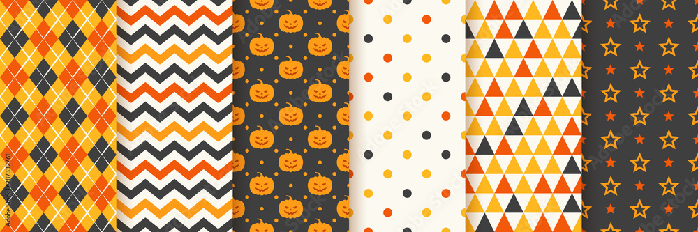 Halloween seamless pattern. Haloween background. Vector. Geometric texture with pumpkin face, zig zag, rhombus, polka dots, star and triangle. Holiday wrapping paper. Orange yellow black illustration - obrazy, fototapety, plakaty 