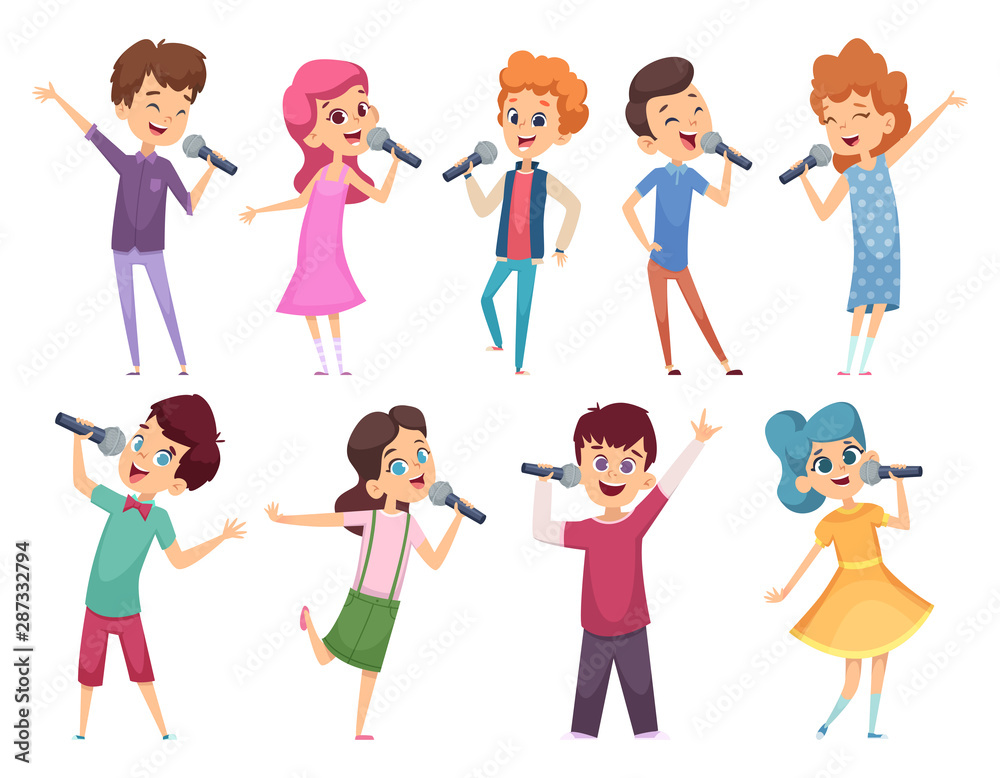 Singing childrens. Male and female kids standing with microphones music performance karaoke talent vector cartoons. Singing girl and boy, art childhood illustration Singing childrens. Male and female kids standing with microphones music performance karaoke talent vector cartoons. Singing girl and boy, art childhood illustration