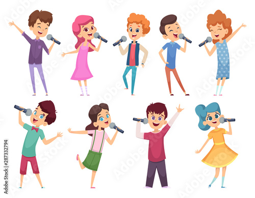 Singing childrens. Male and female kids standing with microphones music performance karaoke talent vector cartoons. Singing girl and boy, art childhood illustration