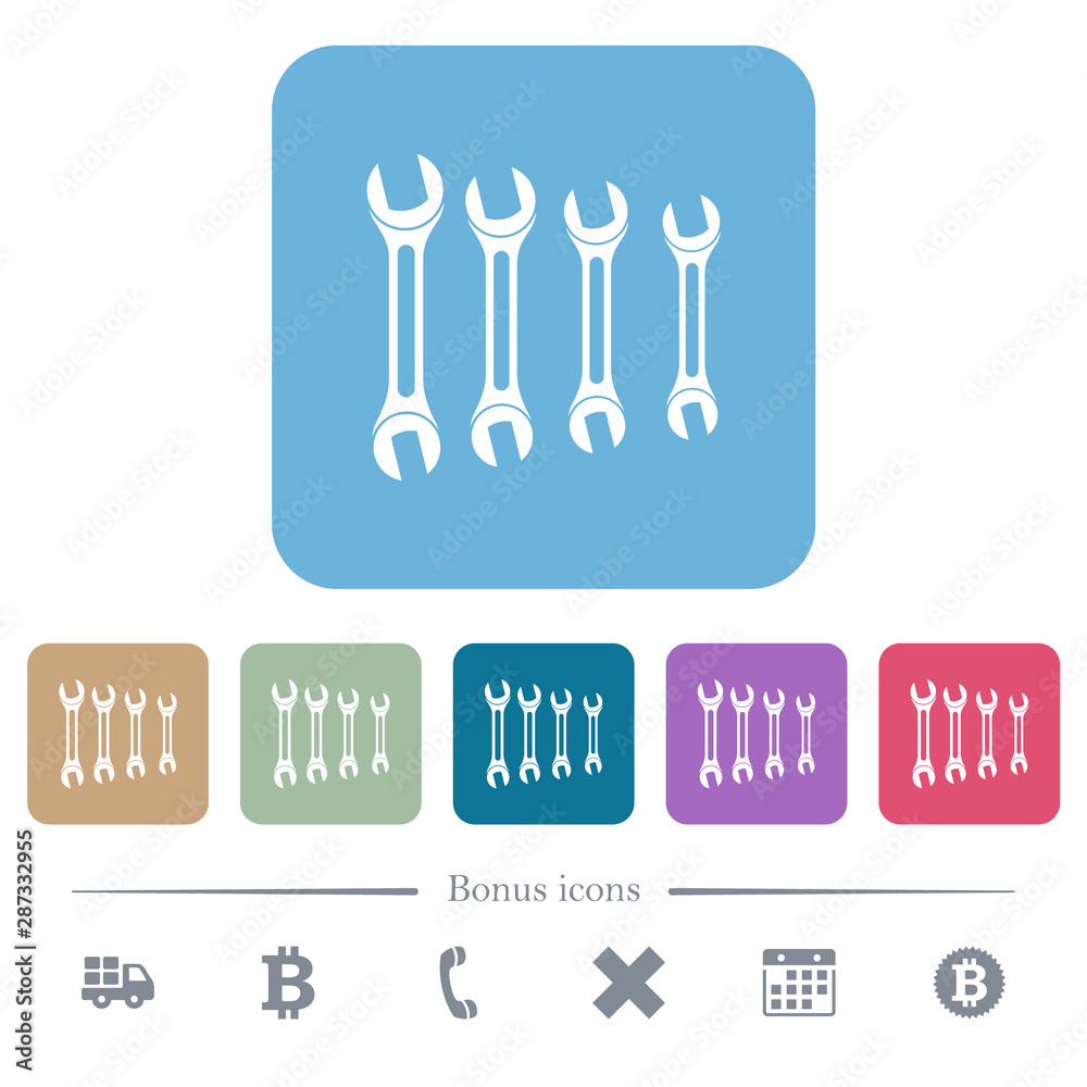 Fototapeta premium Set of wrenches flat icons on color rounded square backgrounds