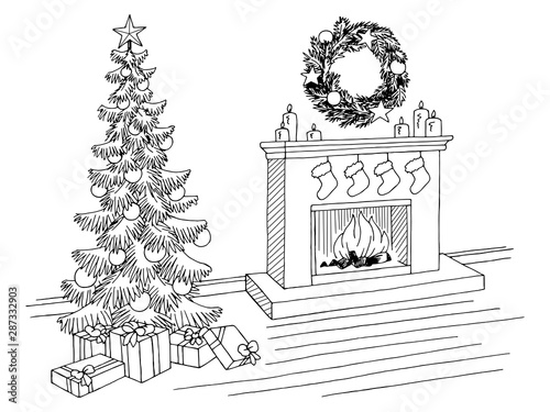Living room graphic Christmas tree black white interior sketch illustration vector