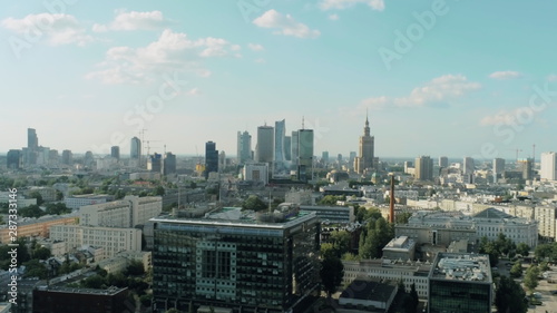 Aerial View of Warsaw City - Capital of Poland - with Skyscrapers, Palace of Culture and Science and Office Buildings on Summer Day
