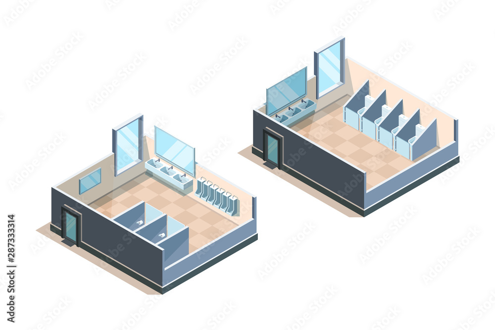 Public toilet. Isometric washroom for male and female people modern sink vector illustrations. Toilet public, bathroom and restroom interior wc