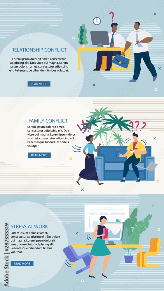 Set Advertising Flyer Relationship Conflict Flat. Poster is Written Family Conflict, Stress at Work. Save Money for Best Results. Misunderstanding in Workplace. Vector Illustration.