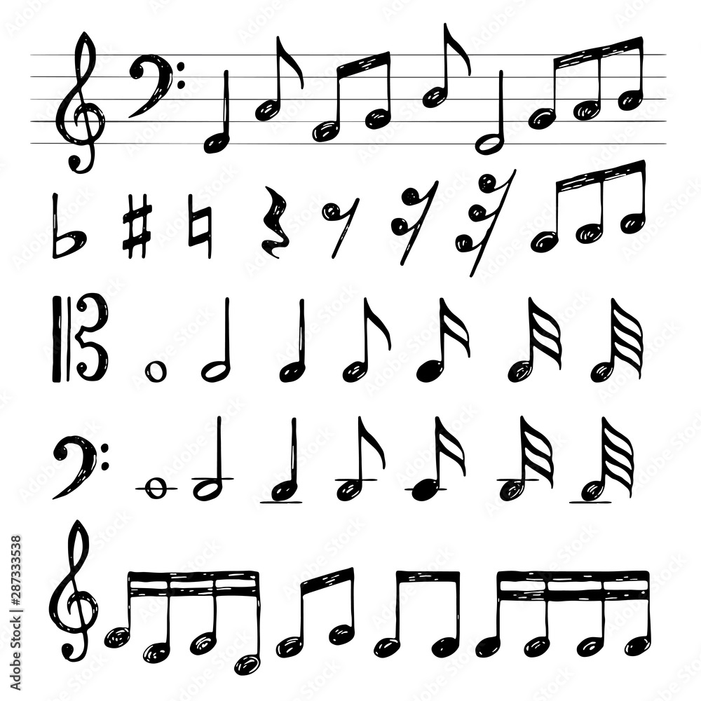 Music notes collection. Treble clef sound black symbols piano keys stave f  sharp vector pictures. Illustration note music, treble quarter melody  illustration Stock Vector | Adobe Stock