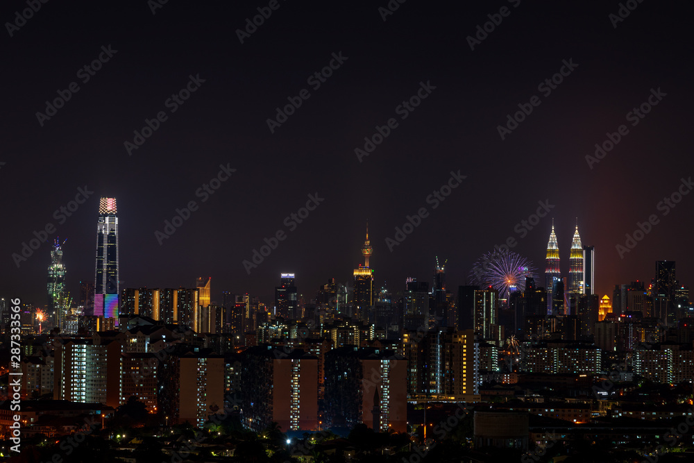 KUALA LUMPUR, MALAYSIA - 31st AUGUST 2019; The Kuala Lumpur skyline glittered with a kaleidoscope of colours and spectacular lights and sound to mark the nation’s 62 years of independence of Malaysia.