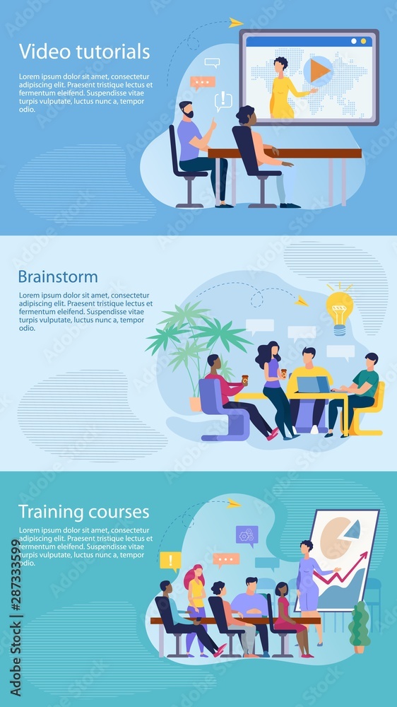 Set Informational Flyer is Written Brainstorm Flat. Banner Inscription Video Tutorials, Training Courses. Holding Meeting and Competent Assignment Tasks. People Discuss Working Issues at Meeting.