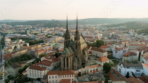 Europe, Czech Republic, Brno Cityscape with Landmarks, Cathedral of St. Peter And St. Paul. Aerial View of Old Town with Medieval Gothic Church on Petrov Hill at Sunset