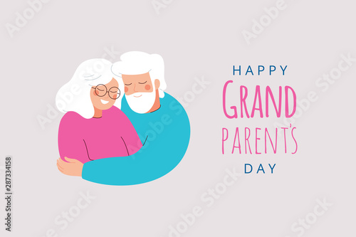 Happy Grandparents Day greeting card. Senior man and woman embrace each other with love and care. Vector illustration isolated on white background