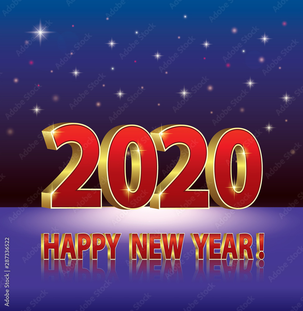2020 Happy New Year on blue background with stars in three-dimensional image. Vector design date 2020 for poster or banner