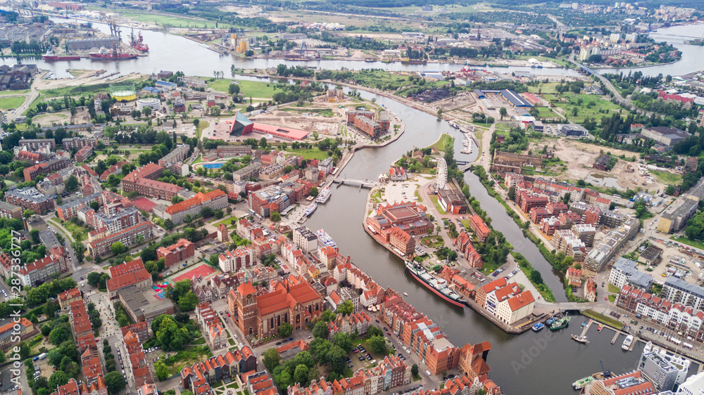 Aerial view of Gdansk. Landscape of Gdansk old city with the Mot awa River.