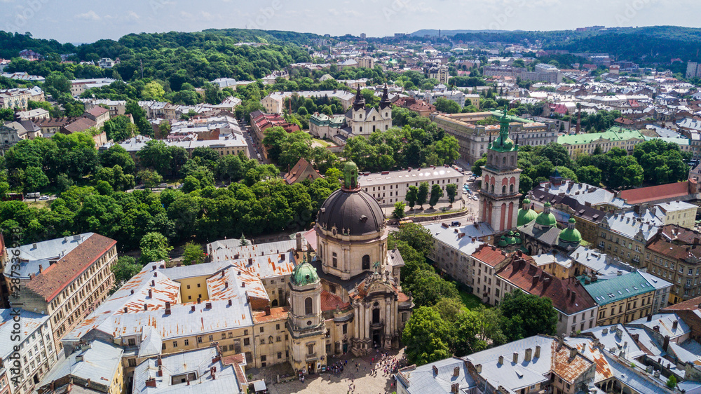 Aerial view of the historical center of Lviv, Ukraine. UNESCO's cultural heritage.
