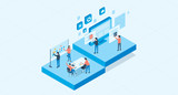 isometric flat vector web develop and web design team ,and people business team working concept
