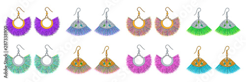 Earrings set. Tassel. Trendy jewelry. Accessories. Fashion trend. Doodles collection. Vector fashion sketch. Beauty. Boho style.