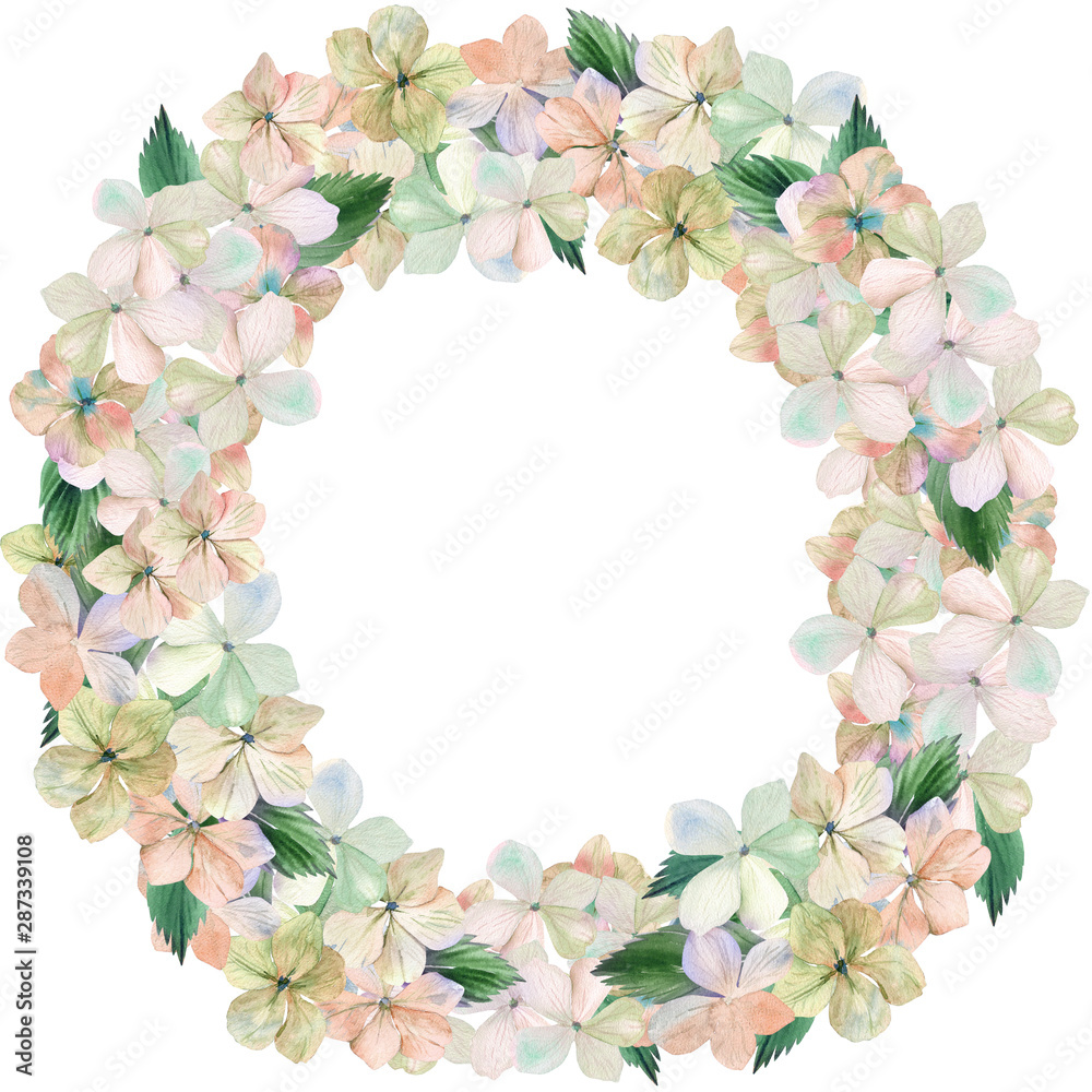 Watercolor peach dry hyadrangea floral frame. Could be used for wedding invites, engagement cards and other romantic events.