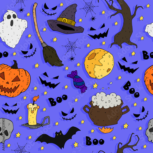 Cartoon colorful seamless festive pattern thematic elements on a neutral background. vector. Halloween. 