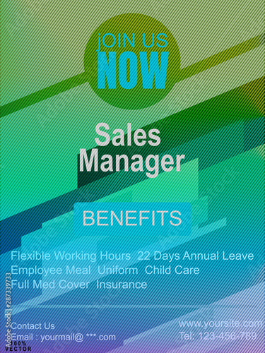 Recruitment design poster or Banner template. 2019 Job or hire Vacancy Advertisement. Concept of a flyer on a blue with infographic background. Web design, banner template, infographic. Vector EPS10