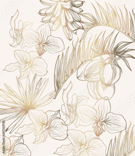 Golden tropic flowers vector line art. Summer floral frame decorations