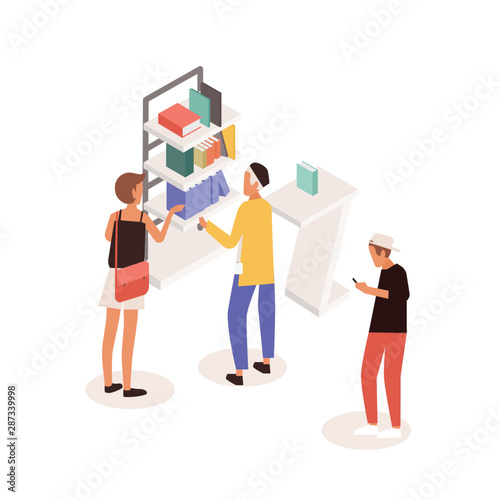 Customers standing near commercial promotional stand or shelves with books and talking to consultant