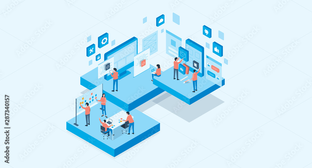 isometric mobile application and web design development process concept and group business team working - obrazy, fototapety, plakaty 