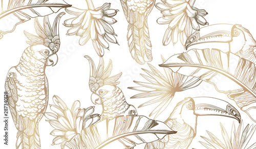 Parrot golden card Vector line art. Exotic palm leaves decors