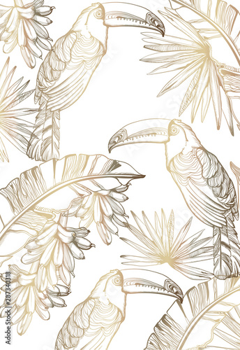 Parrot golden card Vector line art. Exotic palm leaves decor. Summer tropic p...