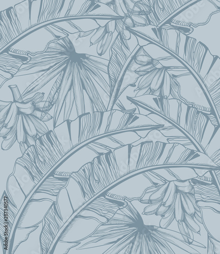 Palm leaves and bananas pattern tropic vector line art. Summer poster exotic ...