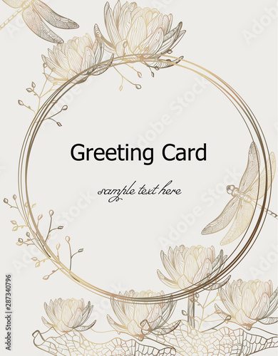 Waterlily and dragonfly Vector. Glossy background decor line arts