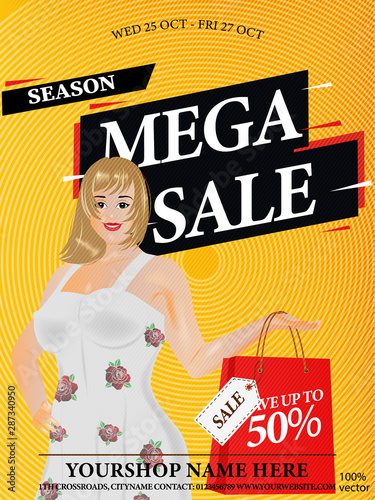 Mega sale discount promotional card template for marketing with shop bag and pretty girl on yellow grunge pattern. Retail shop discount flyer. Promote your Products and services with this great banner