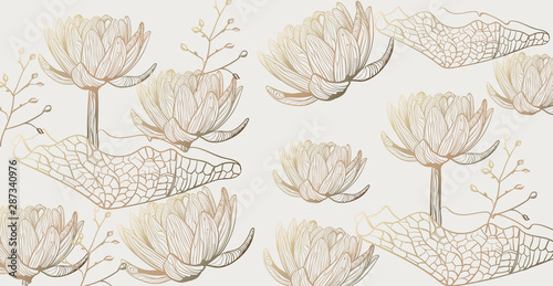 Lotus pattern Vector line art. Golden texture shiny floral decors