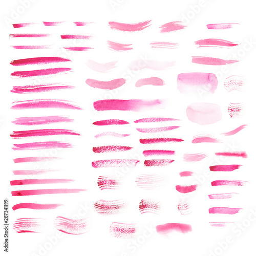 Big watercolor set of pink brush strokes. Various texture brushes large and small in different styles and sizes. Hand-drawn illustration isolated on white.